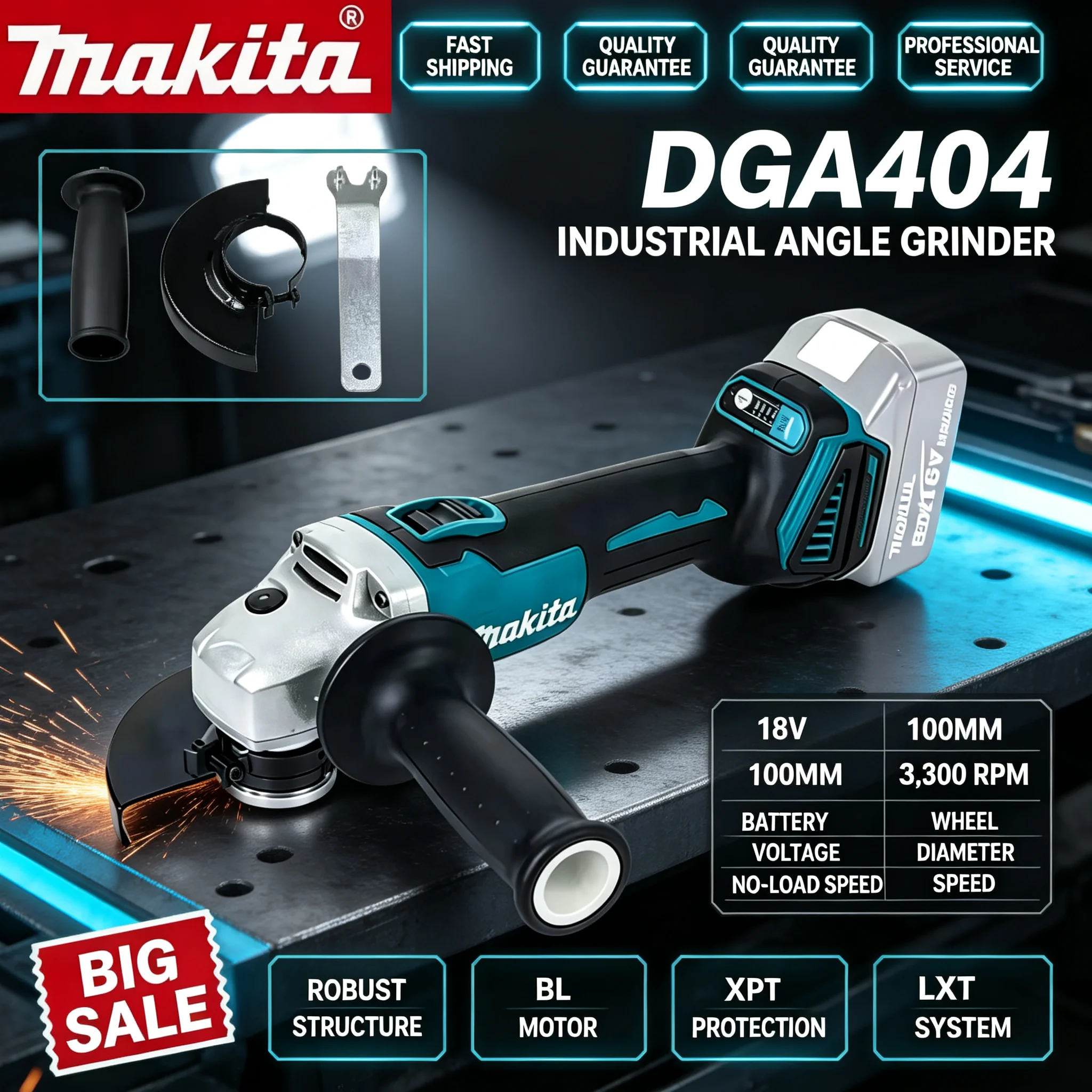 Brushless Angle Grinder Battery Powered - Smerigliatrice angolare a batteria Makita DGA404,