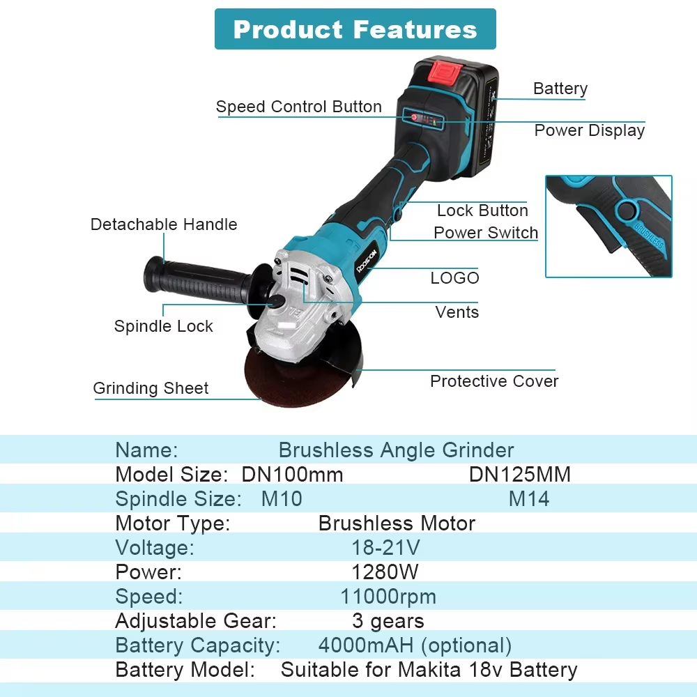 Brushless Angle Grinder Battery Powered - Utensile elettrico per lucidatrice per smerigliatrice