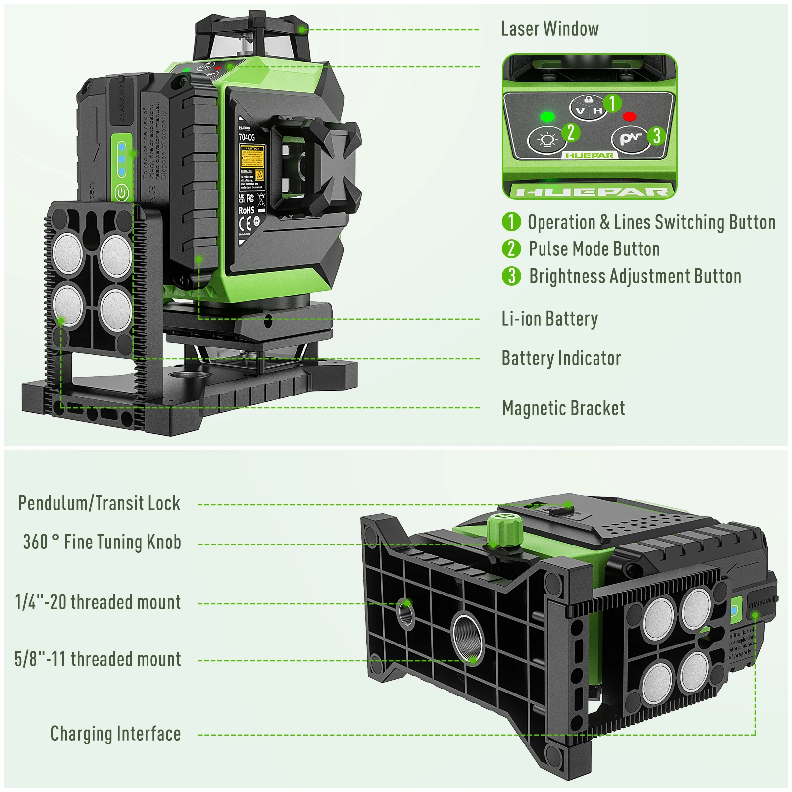 Laser Level 16 Lines 4D Green - Huepar 704CG Livella Laser Digitale 4D